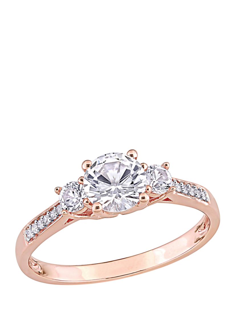 1.3 ct. t.w. Lab Created White Sapphire and 1/10 ct. t.w. Diamond 3 Stone Engagement Ring in 10K Rose Gold
