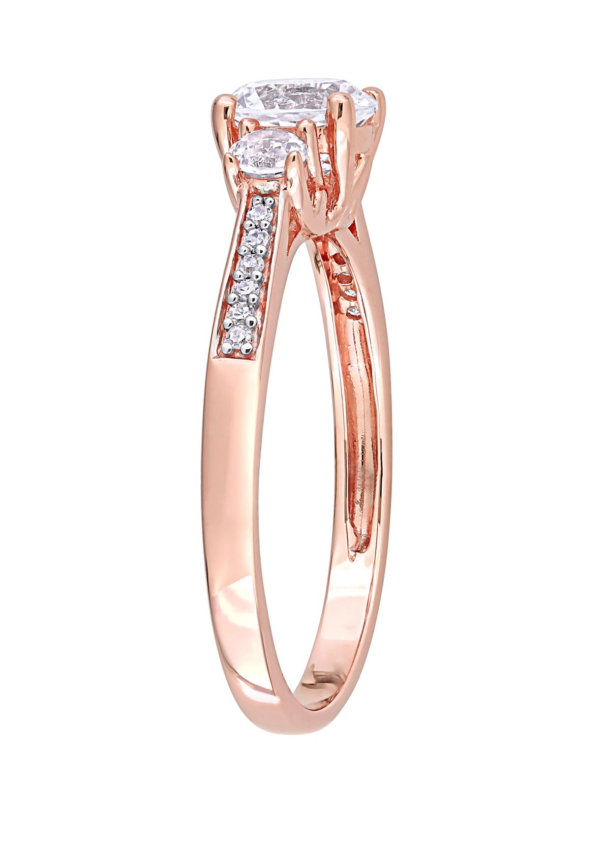 1.3 ct. t.w. Lab Created White Sapphire and 1/10 ct. t.w. Diamond 3 Stone Engagement Ring in 10K Rose Gold