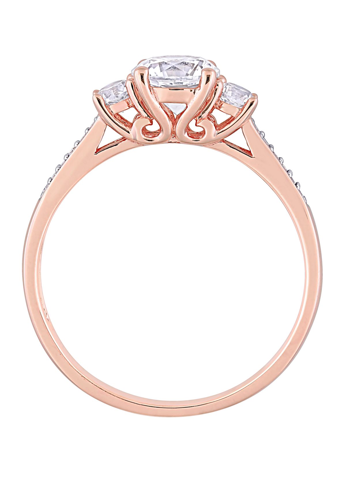 1.3 ct. t.w. Lab Created White Sapphire and 1/10 ct. t.w. Diamond 3 Stone Engagement Ring in 10K Rose Gold