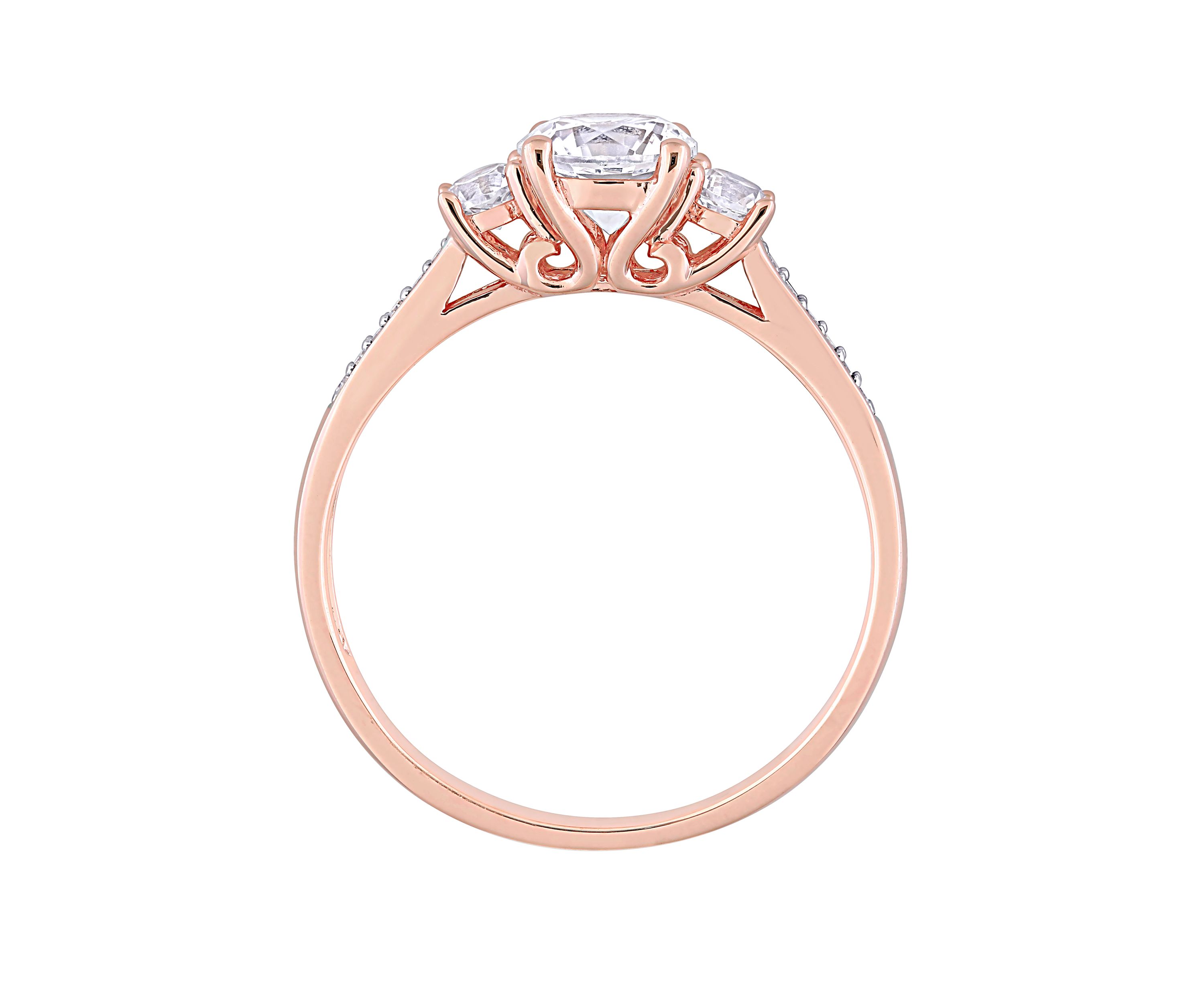 1.3 ct. t.w. Lab Created White Sapphire and 1/10 ct. t.w. Diamond 3 Stone Engagement Ring in 10K Rose Gold