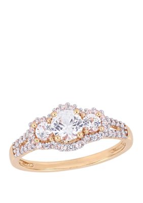 Belk & Co 1.2 Ct. T.w. Lab Created White Sapphire And 1/10 Ct. T.w. Diamond 3 Stone Halo Engagement Ring In 10K Rose Gold
