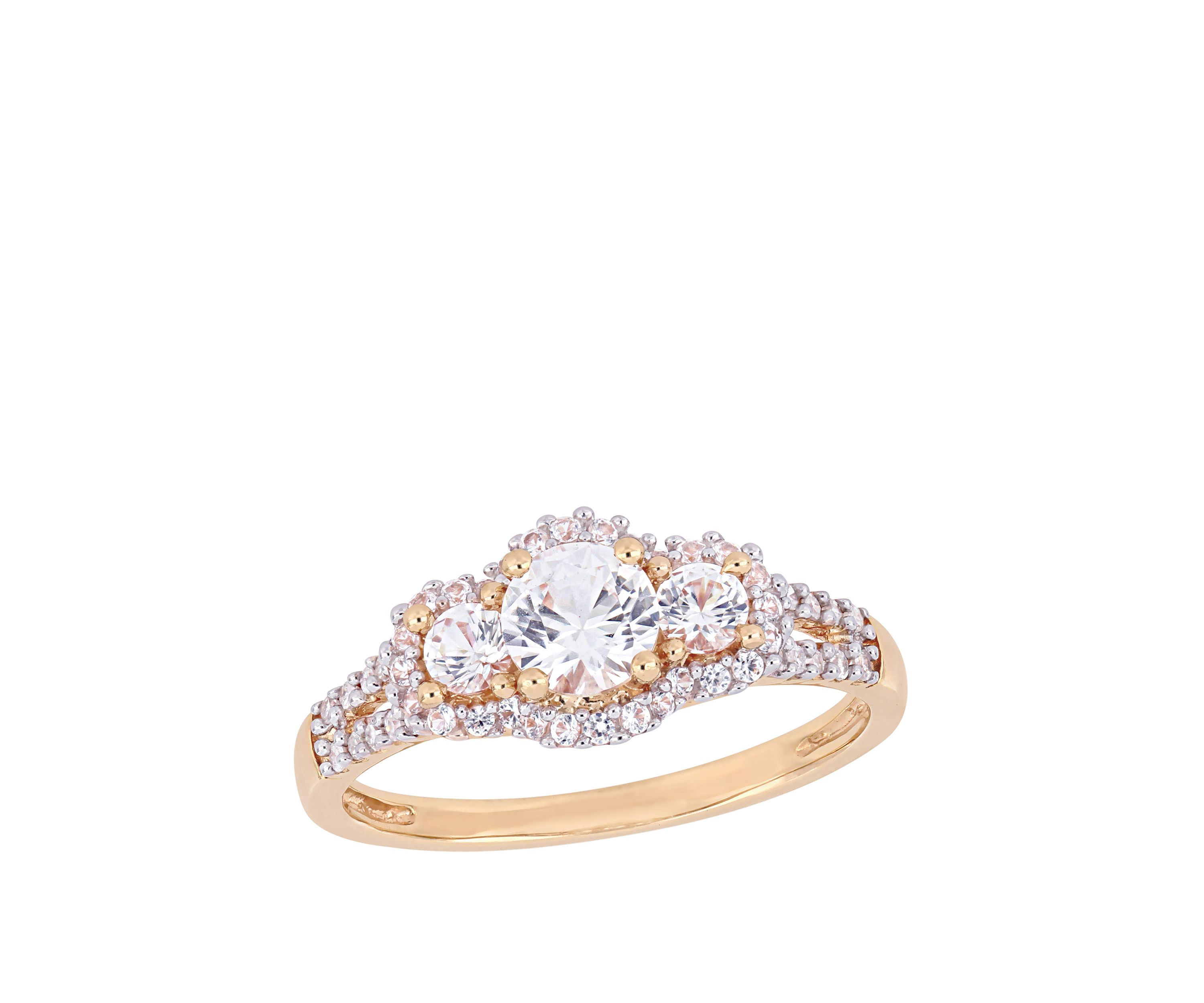 1.2 ct. t.w. Lab Created White Sapphire and 1/10 ct. t.w. Diamond 3 Stone Halo Engagement Ring in 10K Rose Gold