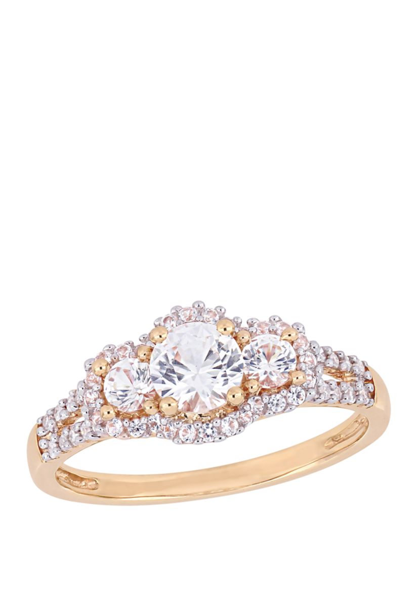 1.2 ct. t.w. Lab Created White Sapphire and 1/10 ct. t.w. Diamond 3 Stone Halo Engagement Ring in 10K Rose Gold