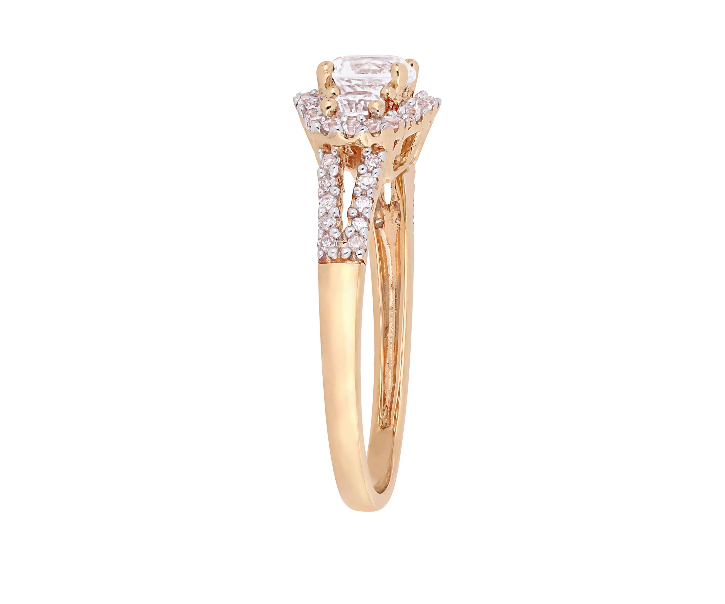 1.2 ct. t.w. Lab Created White Sapphire and 1/10 ct. t.w. Diamond 3 Stone Halo Engagement Ring in 10K Rose Gold