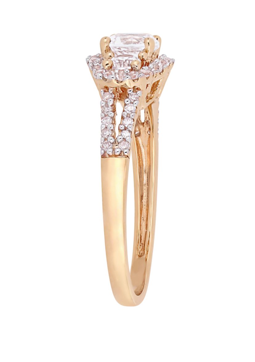 1.2 ct. t.w. Lab Created White Sapphire and 1/10 ct. t.w. Diamond 3 Stone Halo Engagement Ring in 10K Rose Gold