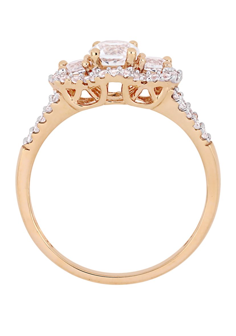 1.2 ct. t.w. Lab Created White Sapphire and 1/10 ct. t.w. Diamond 3 Stone Halo Engagement Ring in 10K Rose Gold