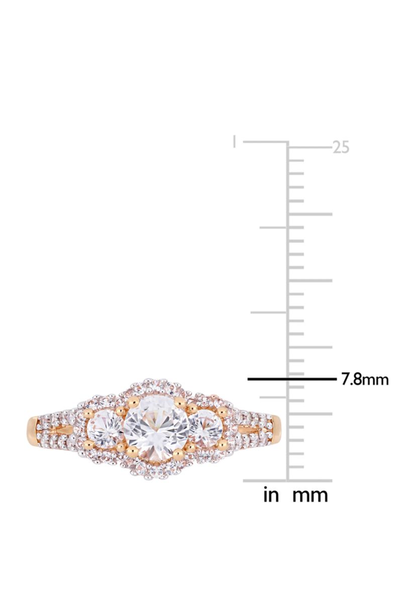 1.2 ct. t.w. Lab Created White Sapphire and 1/10 ct. t.w. Diamond 3 Stone Halo Engagement Ring in 10K Rose Gold