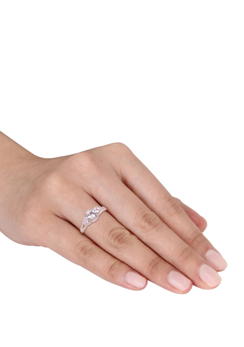 1.2 ct. t.w. Lab Created White Sapphire and 1/10 ct. t.w. Diamond 3 Stone Halo Engagement Ring in 10K Rose Gold