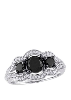 Belk & Co 1.75 ct. t.w. Black and White Diamond 3 Stone Halo Engagement Ring in 10K White Gold, 9