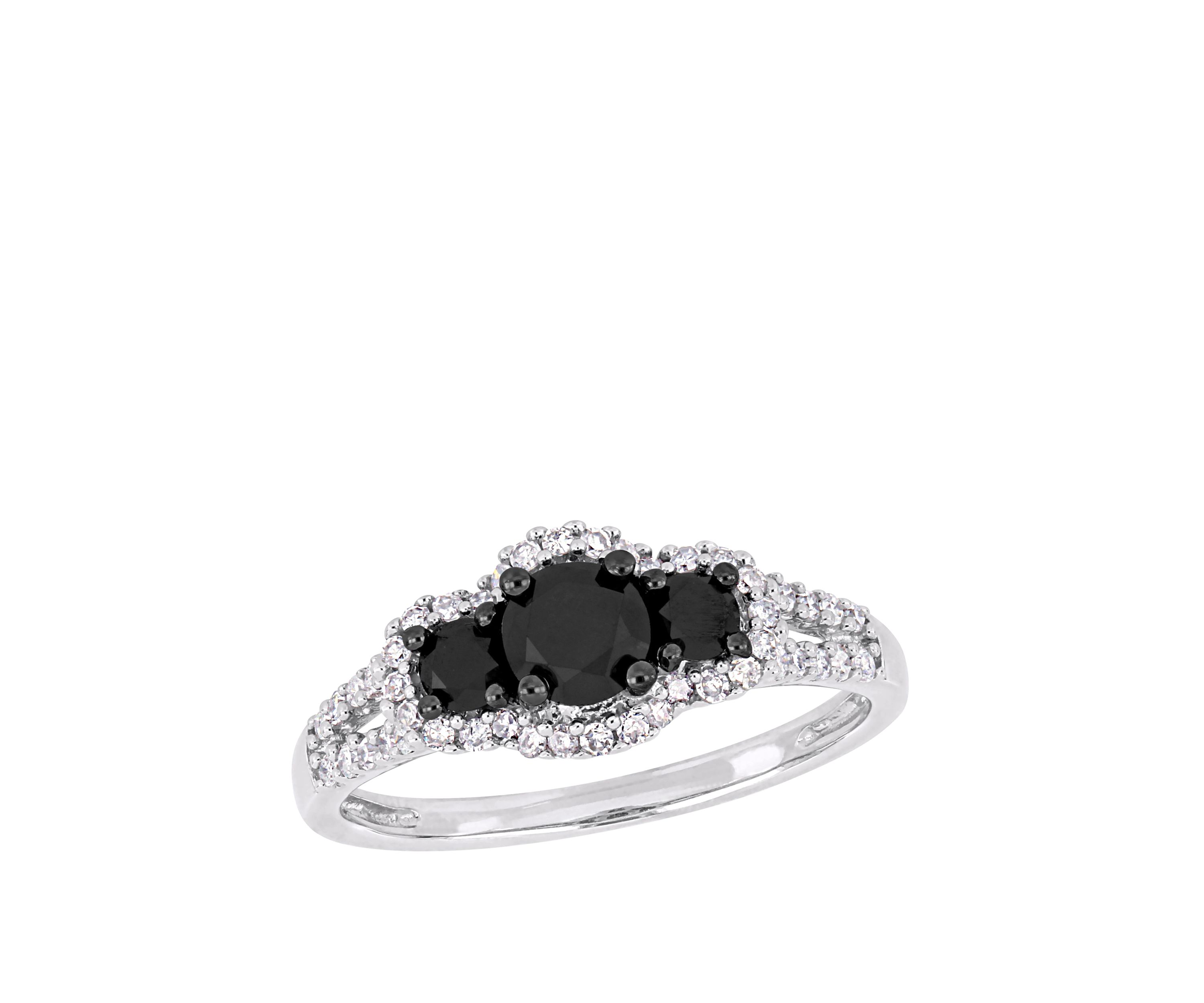 1 ct. t.w. Black and White Diamond Halo 3 Stone Engagement Ring in 10K White Gold