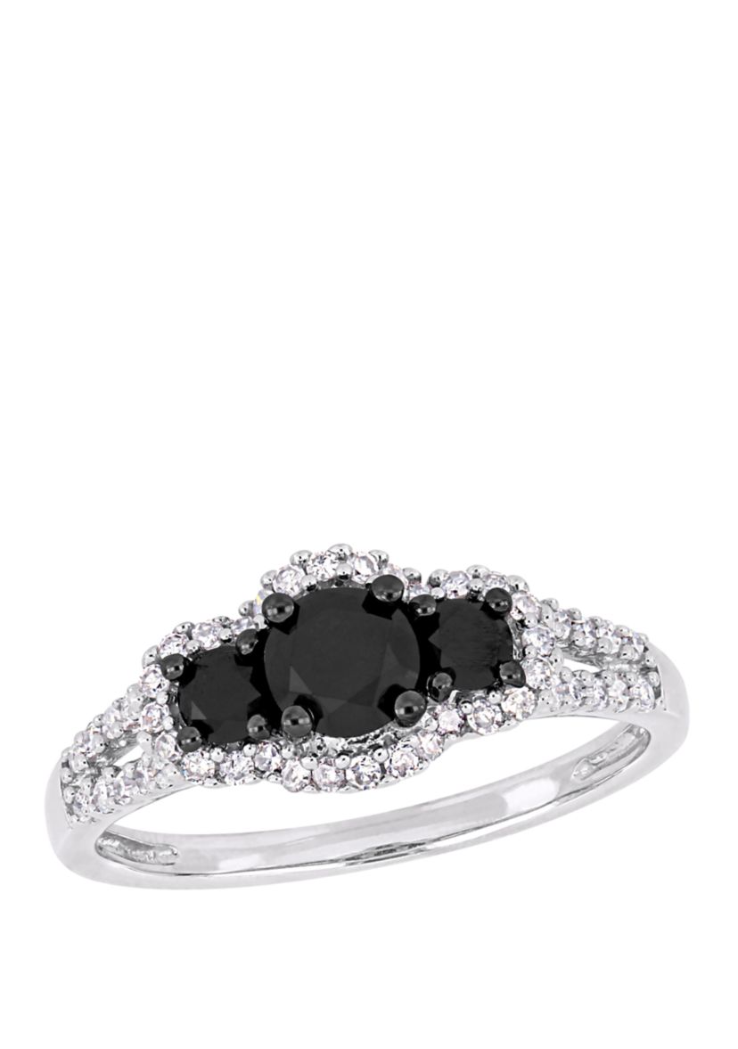 1 ct. t.w. Black and White Diamond Halo 3 Stone Engagement Ring in 10K White Gold