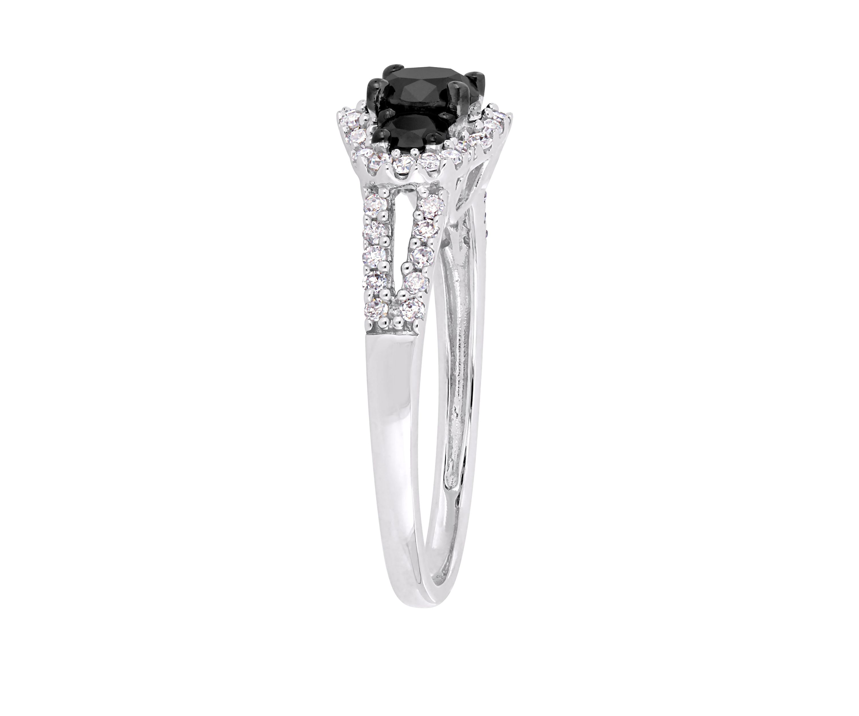 1 ct. t.w. Black and White Diamond Halo 3 Stone Engagement Ring in 10K White Gold