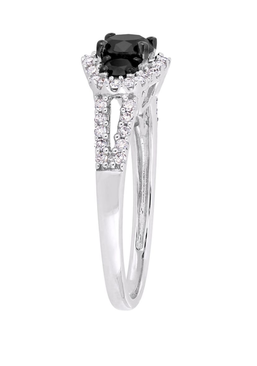 1 ct. t.w. Black and White Diamond Halo 3 Stone Engagement Ring in 10K White Gold