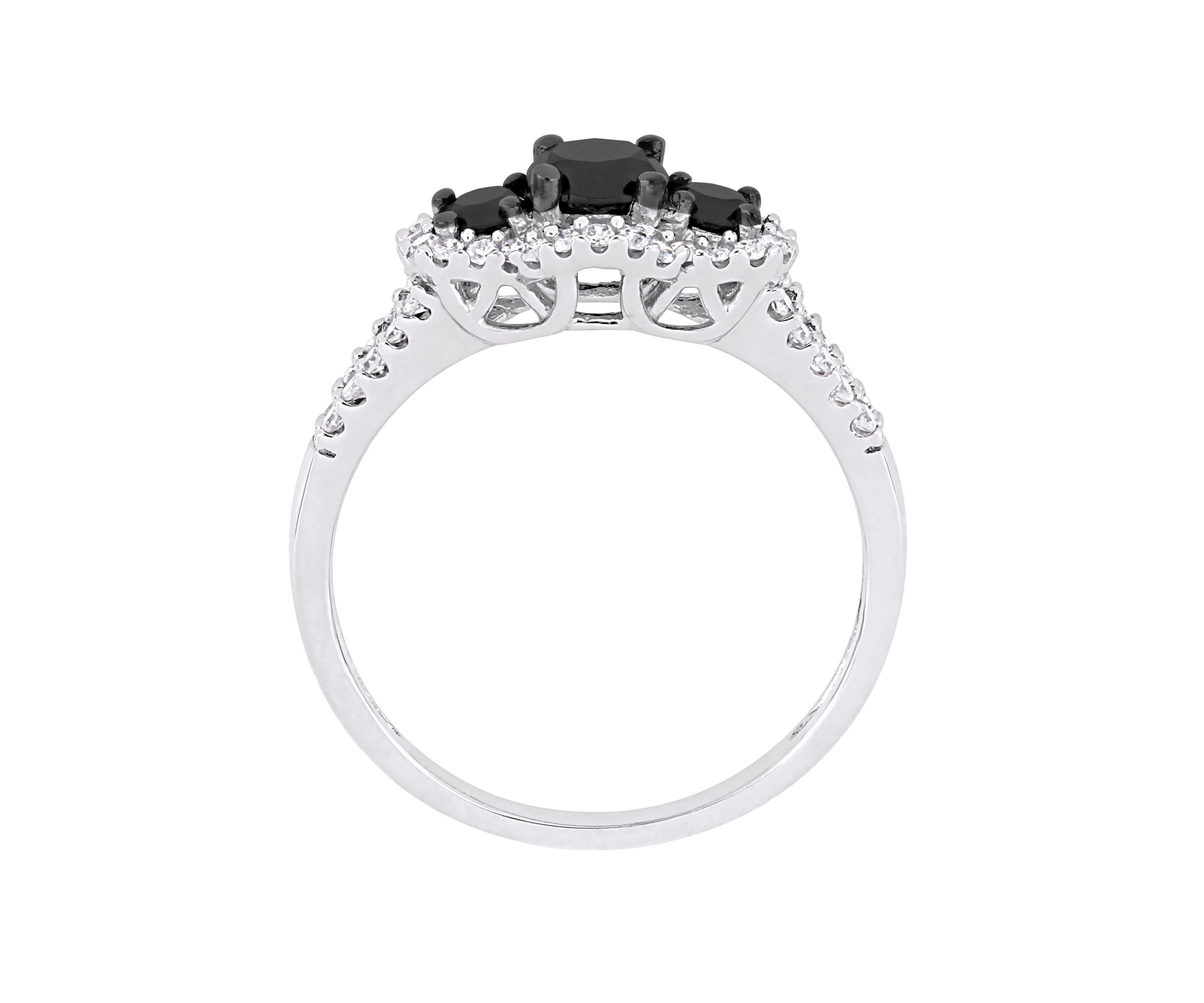 1 ct. t.w. Black and White Diamond Halo 3 Stone Engagement Ring in 10K White Gold