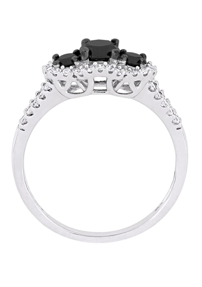 1 ct. t.w. Black and White Diamond Halo 3 Stone Engagement Ring in 10K White Gold