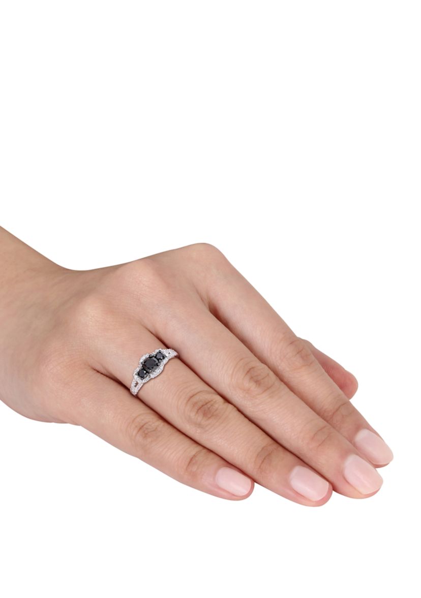 1 ct. t.w. Black and White Diamond Halo 3 Stone Engagement Ring in 10K White Gold