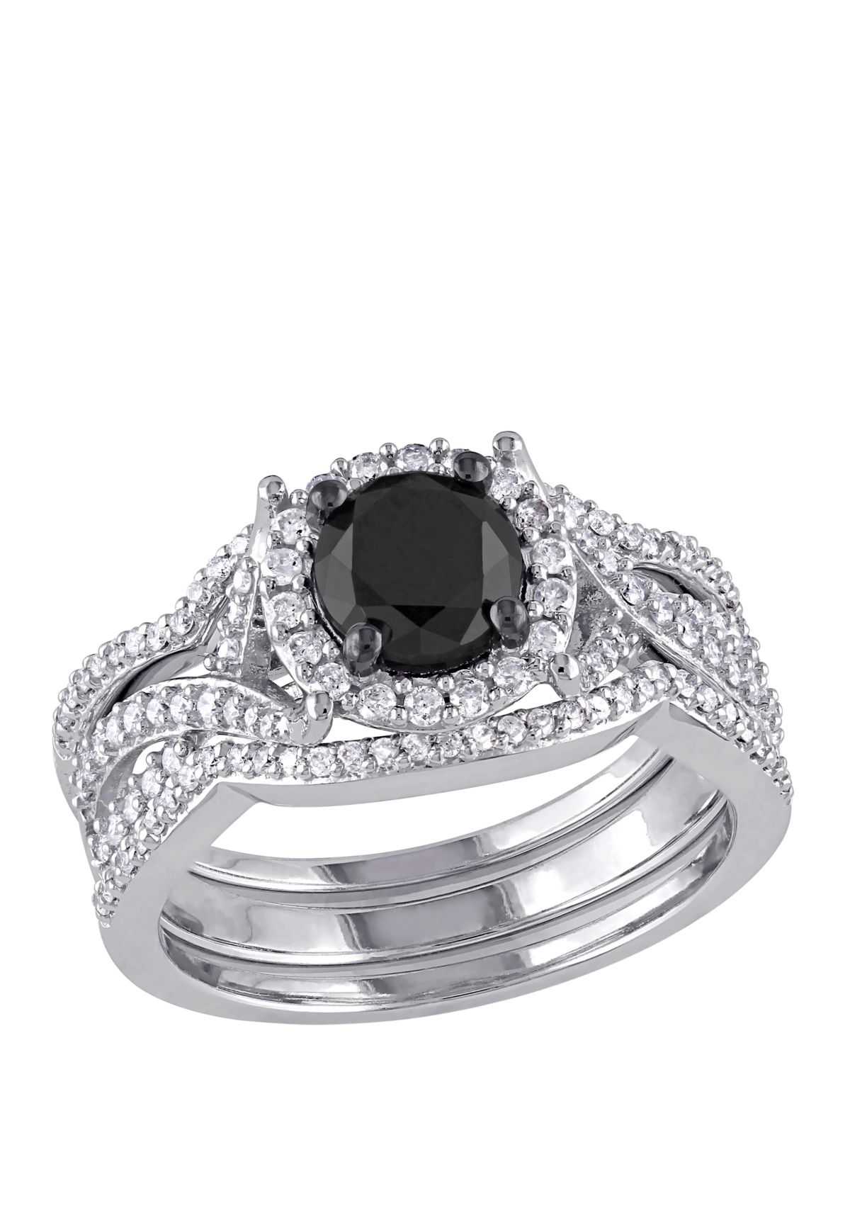 1.5 ct. t.w. Black and White Diamond Halo 3 Piece Bridal Set in 10K White Gold