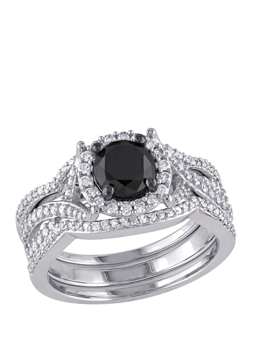 1.5 ct. t.w. Black and White Diamond Halo 3 Piece Bridal Set in 10K White Gold