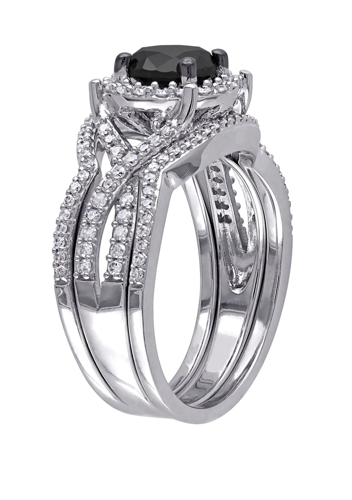 1.5 ct. t.w. Black and White Diamond Halo 3 Piece Bridal Set in 10K White Gold