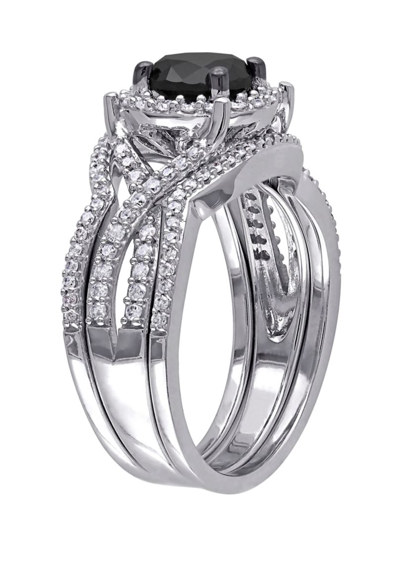 1.5 ct. t.w. Black and White Diamond Halo 3 Piece Bridal Set in 10K White Gold