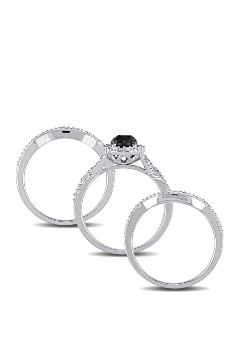 1.5 ct. t.w. Black and White Diamond Halo 3 Piece Bridal Set in 10K White Gold