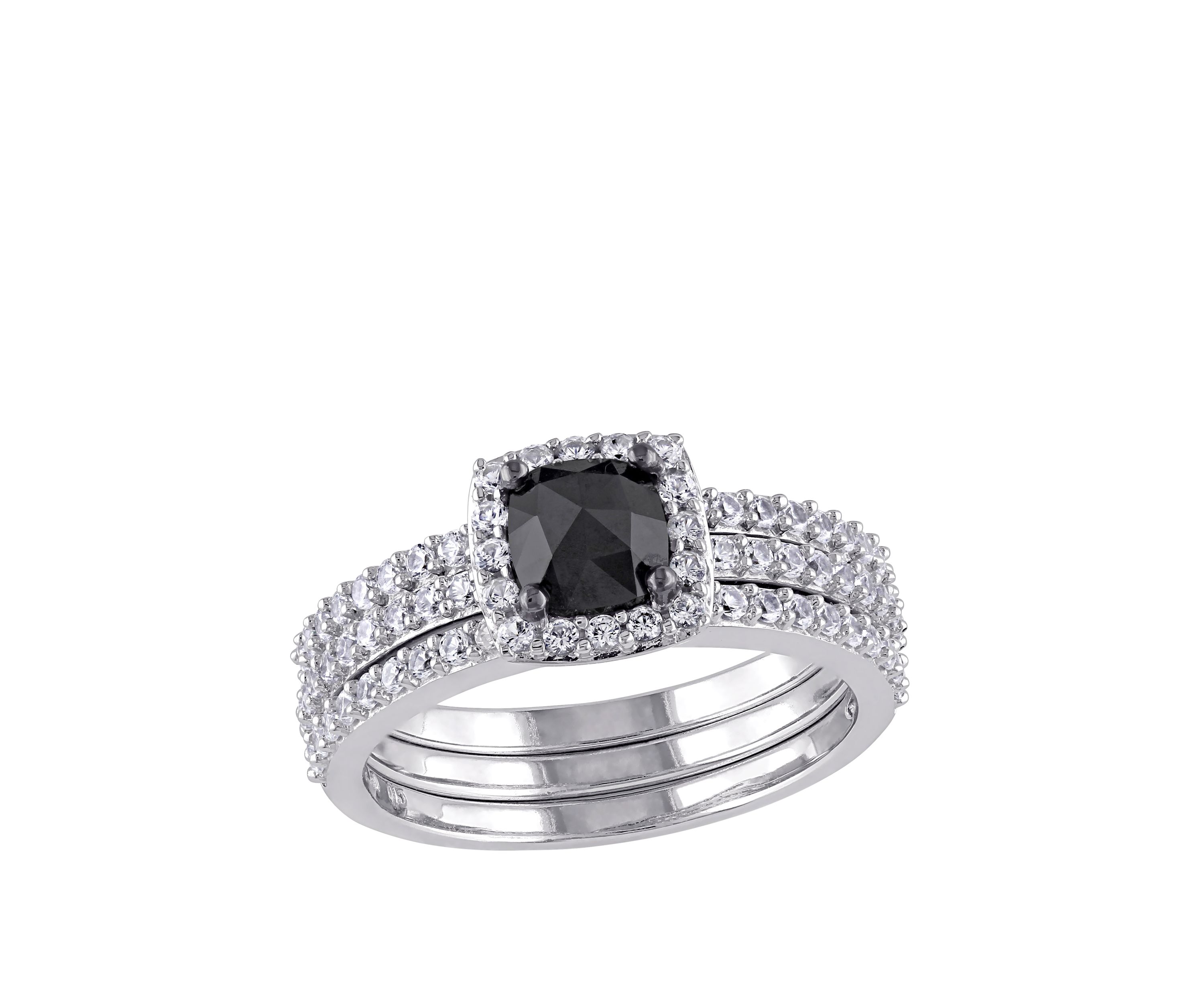 3/4 ct. t.w. Black Diamond and 4/5 ct. t.w. Lab Created White Sapphire 3 Piece Bridal Set in 10K White Gold