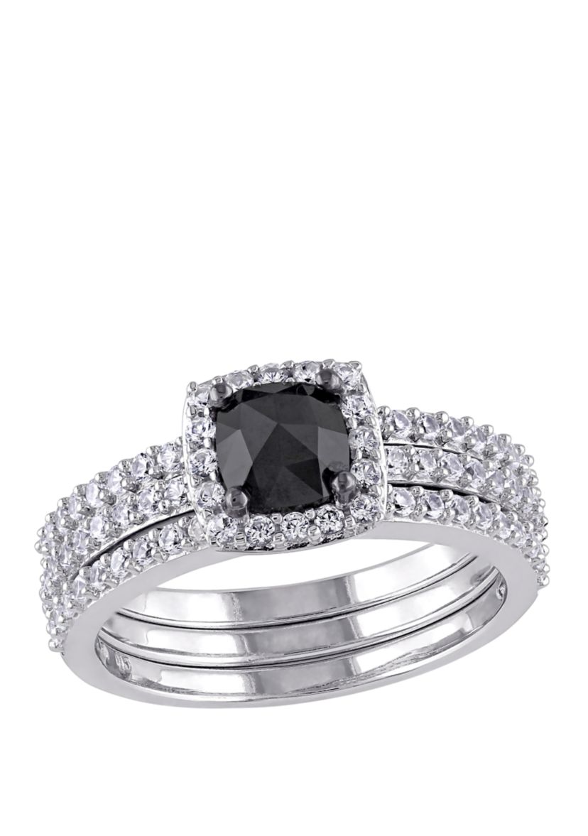 3/4 ct. t.w. Black Diamond and 4/5 ct. t.w. Lab Created White Sapphire 3 Piece Bridal Set in 10K White Gold