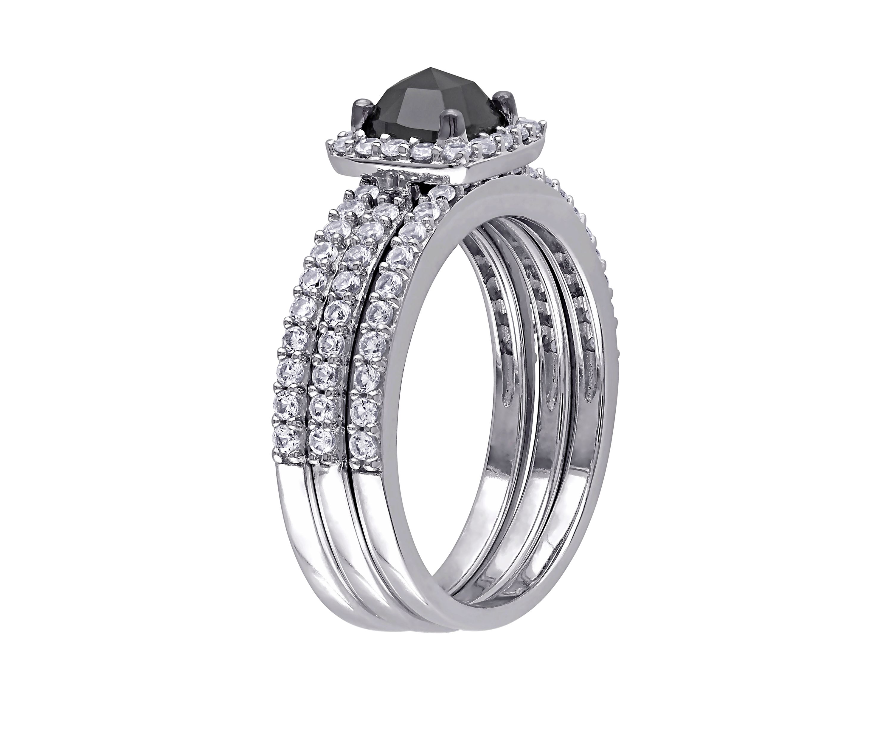 3/4 ct. t.w. Black Diamond and 4/5 ct. t.w. Lab Created White Sapphire 3 Piece Bridal Set in 10K White Gold