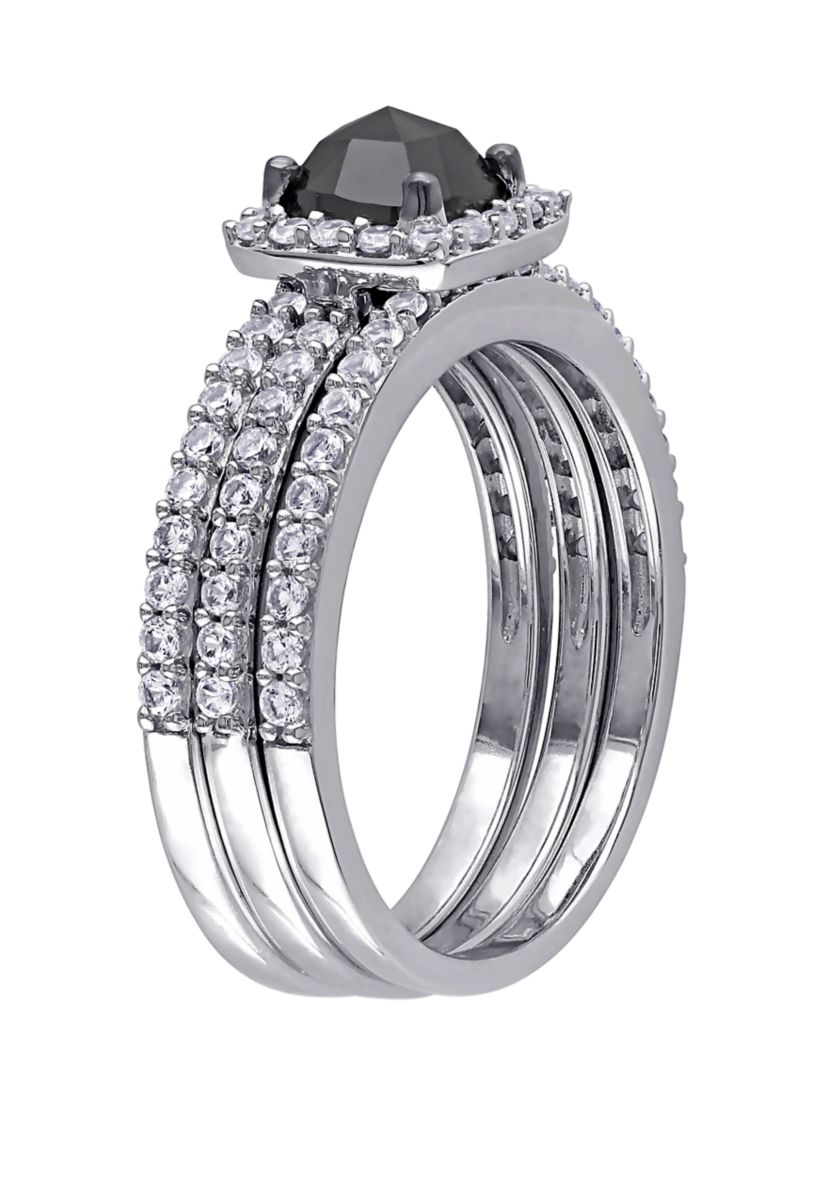 3/4 ct. t.w. Black Diamond and 4/5 ct. t.w. Lab Created White Sapphire 3 Piece Bridal Set in 10K White Gold