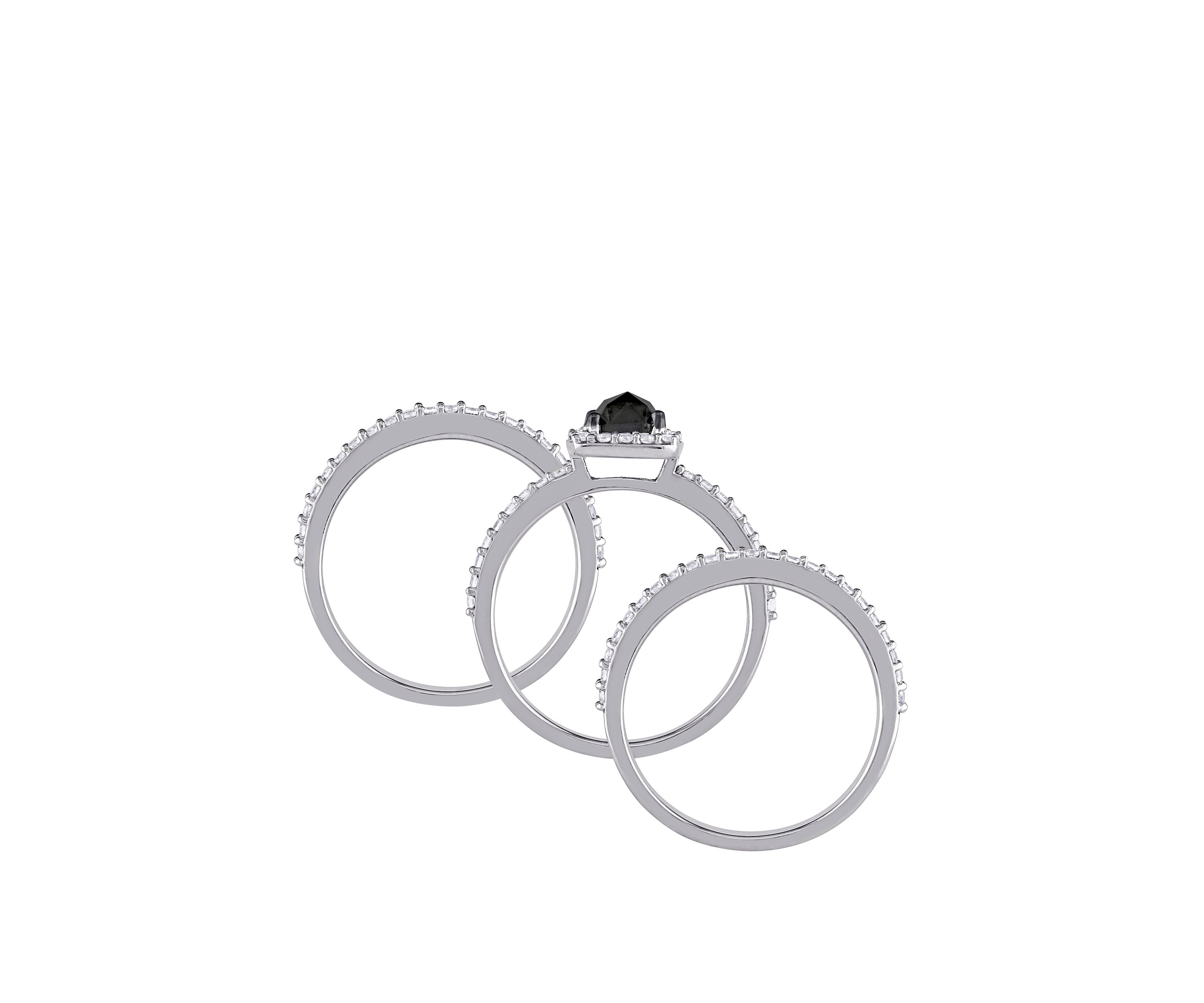 3/4 ct. t.w. Black Diamond and 4/5 ct. t.w. Lab Created White Sapphire 3 Piece Bridal Set in 10K White Gold