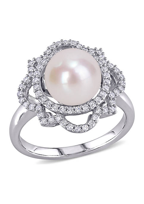 9-9.5 Millimeter Cultured Freshwater Pearl and 3/8 ct. t.w. Diamond Vintage Ring in 14K White Gold