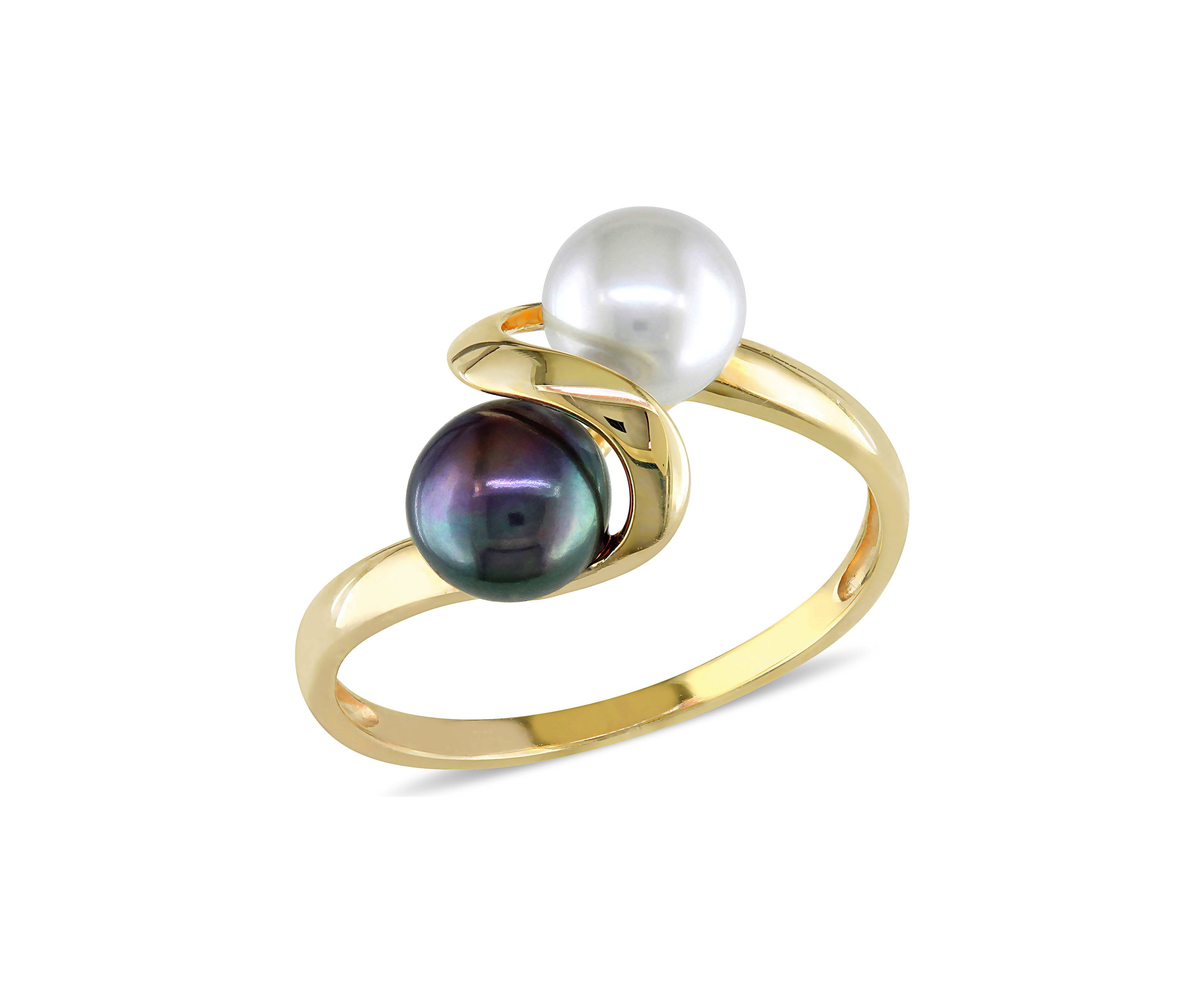 White and Black Cultured Freshwater Pearl Ring in 10k Yellow Gold