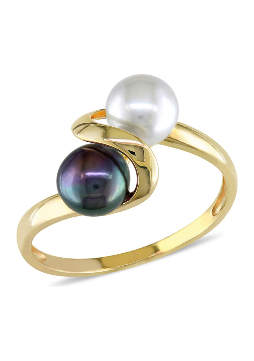 White and Black Cultured Freshwater Pearl Ring in 10k Yellow Gold