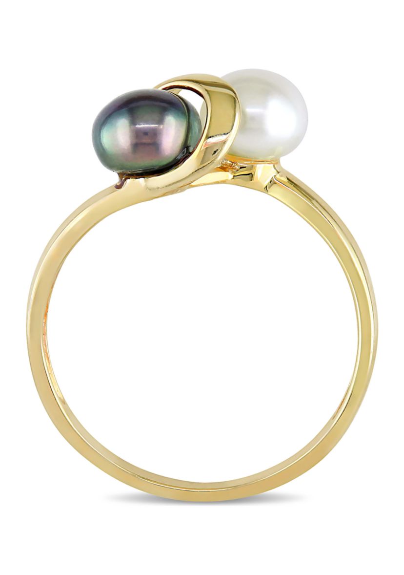 White and Black Cultured Freshwater Pearl Ring in 10k Yellow Gold