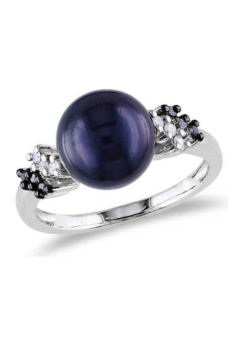 9-9.5 Millimeter Black Licorice Cultured Freshwater Pearl and 1/8 ct. t.w. Black and White Diamond Ring in Sterling Silver