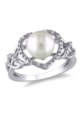 Belk & Co 8-8.5 Millimeter Cultured Freshwater Pearl and 1/10 ct. t.w. Diamond Open Heart Ring in Sterling Silver, White