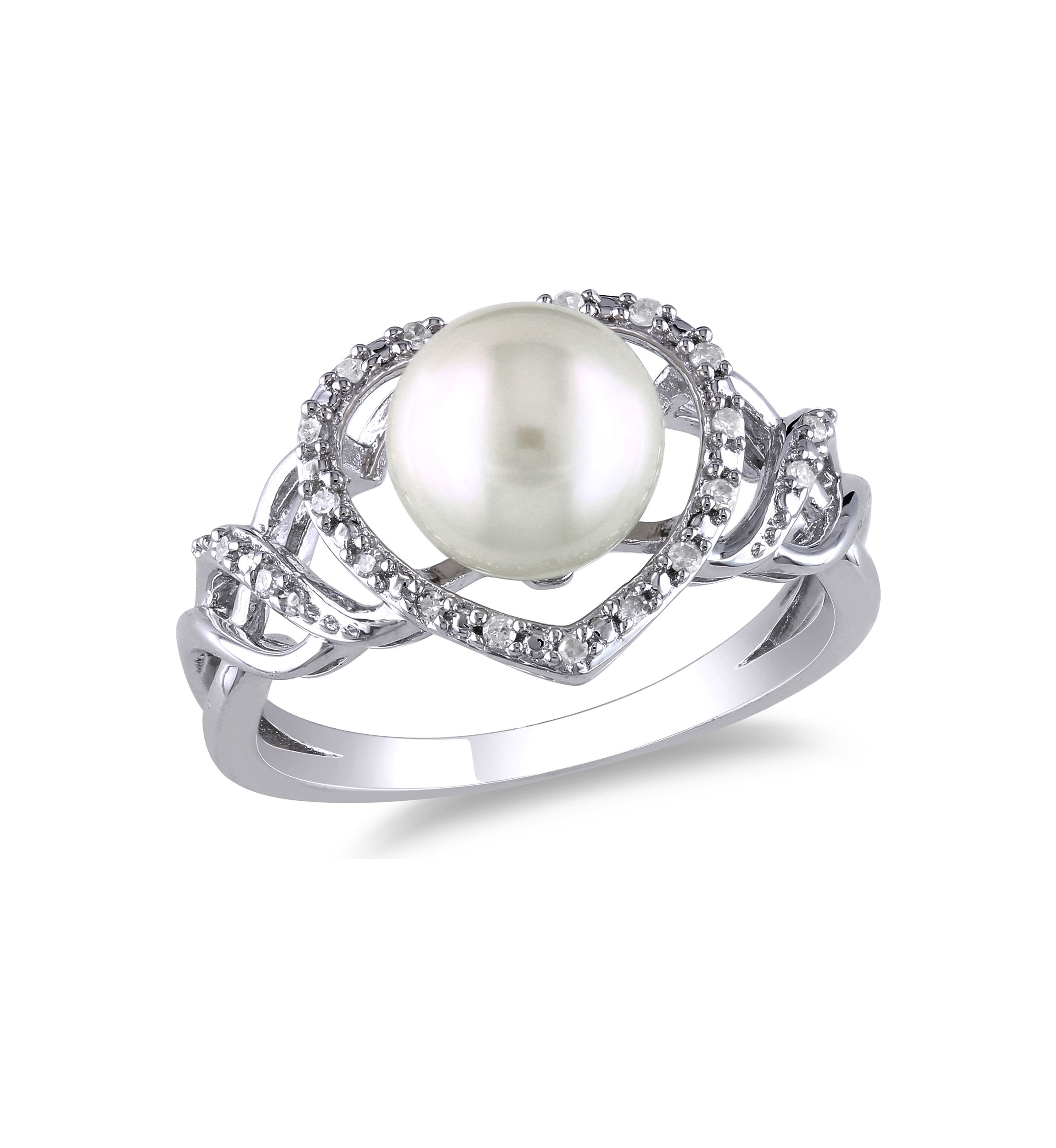 8-8.5 Millimeter Cultured Freshwater Pearl and 1/10 ct. t.w. Diamond Open Heart Ring in Sterling Silver