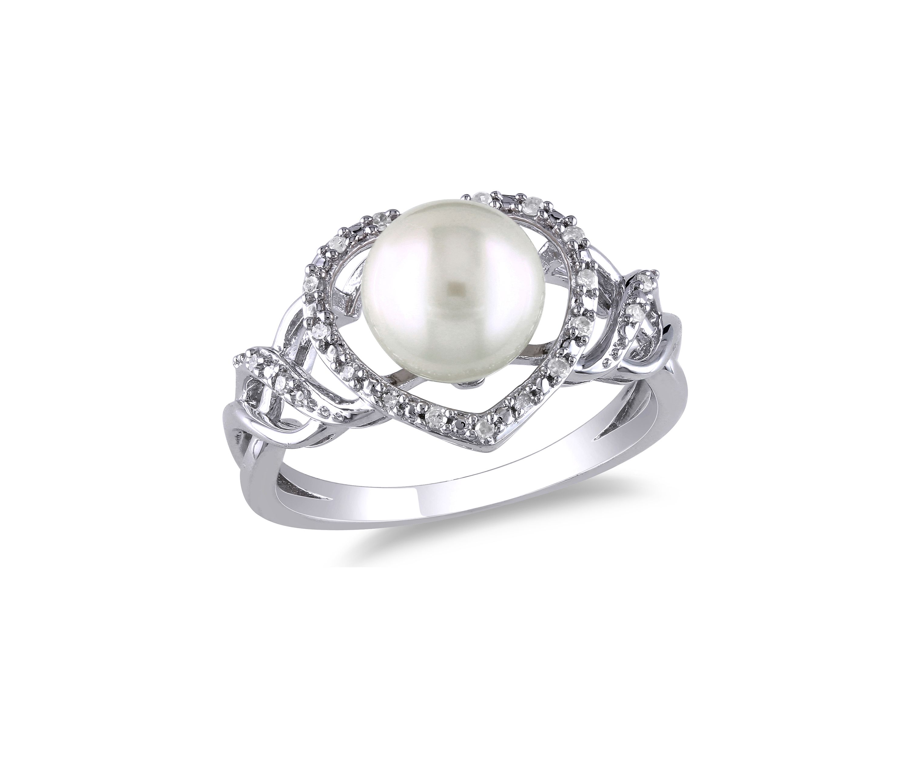 8-8.5 Millimeter Cultured Freshwater Pearl and 1/10 ct. t.w. Diamond Open Heart Ring in Sterling Silver