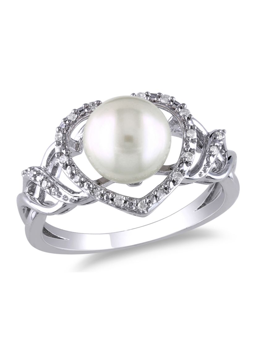 8-8.5 Millimeter Cultured Freshwater Pearl and 1/10 ct. t.w. Diamond Open Heart Ring in Sterling Silver