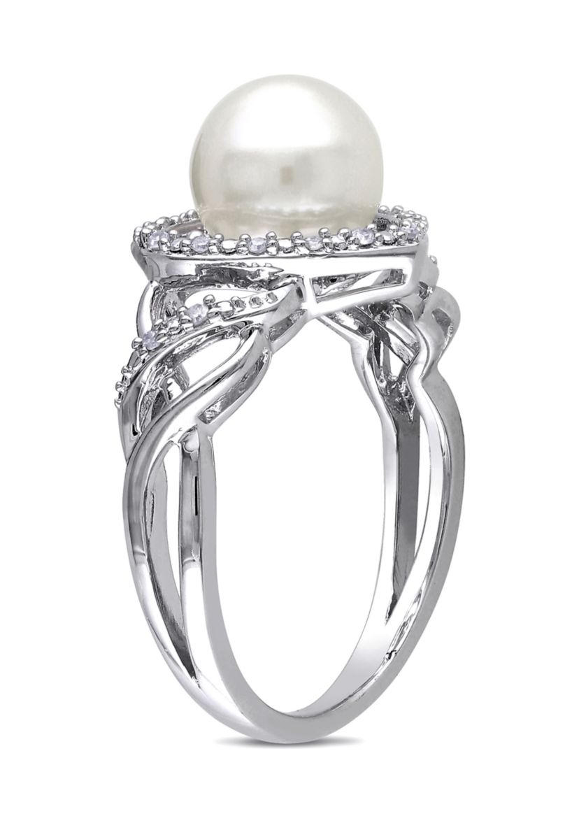8-8.5 Millimeter Cultured Freshwater Pearl and 1/10 ct. t.w. Diamond Open Heart Ring in Sterling Silver