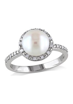 Belk & Co 8 Millimeter Cultured Freshwater Pearl And 1/10 Ct. T.w. Diamond Halo Ring In Sterling Silver, White, 5 -  0686692305250