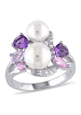 Belk & Co Cultured Freshwater Pearl And 1.38 Ct. T.w. Multi-Gemstone Cluster Ring In Sterling Silver, White, 5 -  0686692305687
