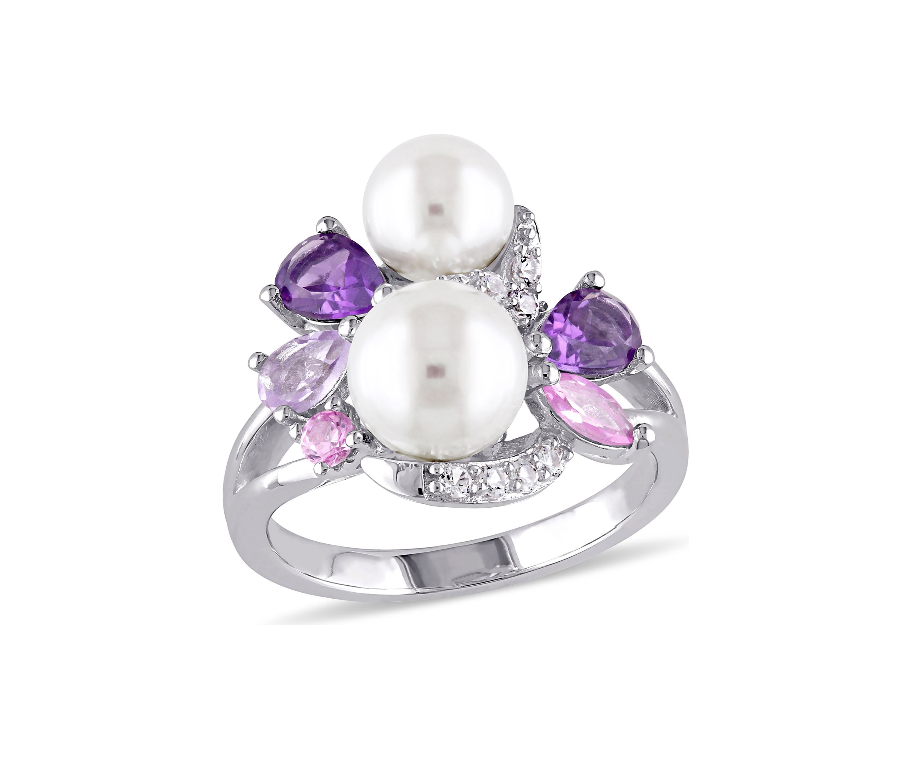 Cultured Freshwater Pearl and 1.38 ct. t.w. Multi-Gemstone Cluster Ring in Sterling Silver