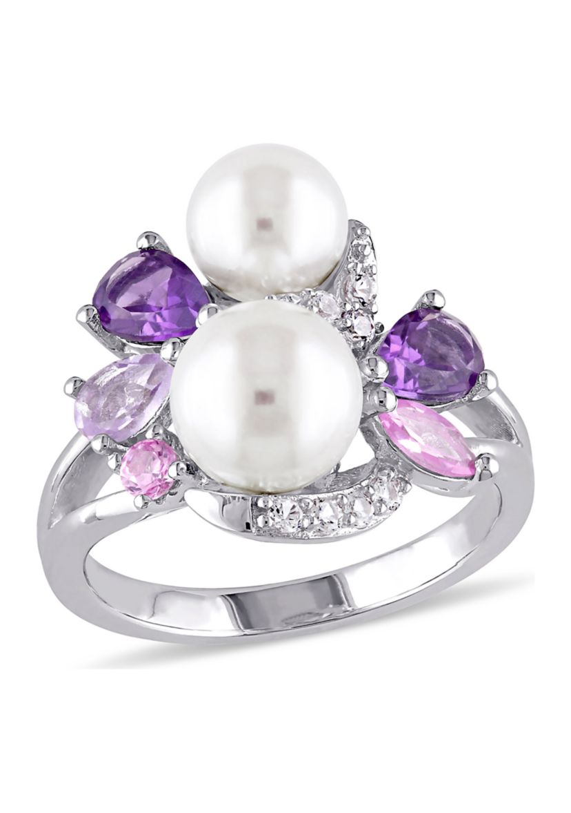 Cultured Freshwater Pearl and 1.38 ct. t.w. Multi-Gemstone Cluster Ring in Sterling Silver