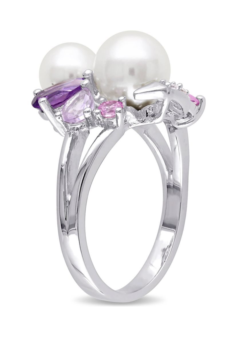 Cultured Freshwater Pearl and 1.38 ct. t.w. Multi-Gemstone Cluster Ring in Sterling Silver