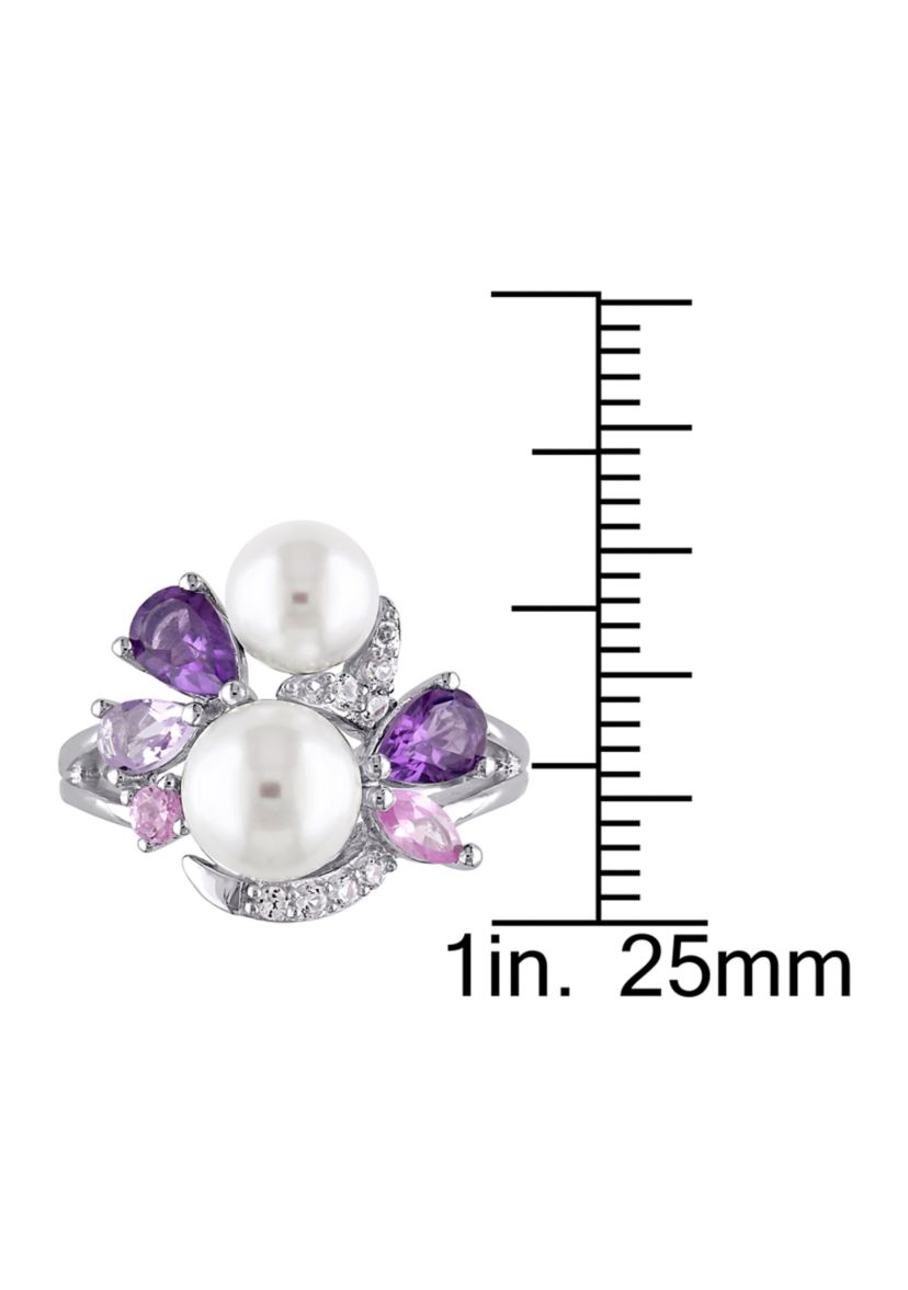 Cultured Freshwater Pearl and 1.38 ct. t.w. Multi-Gemstone Cluster Ring in Sterling Silver