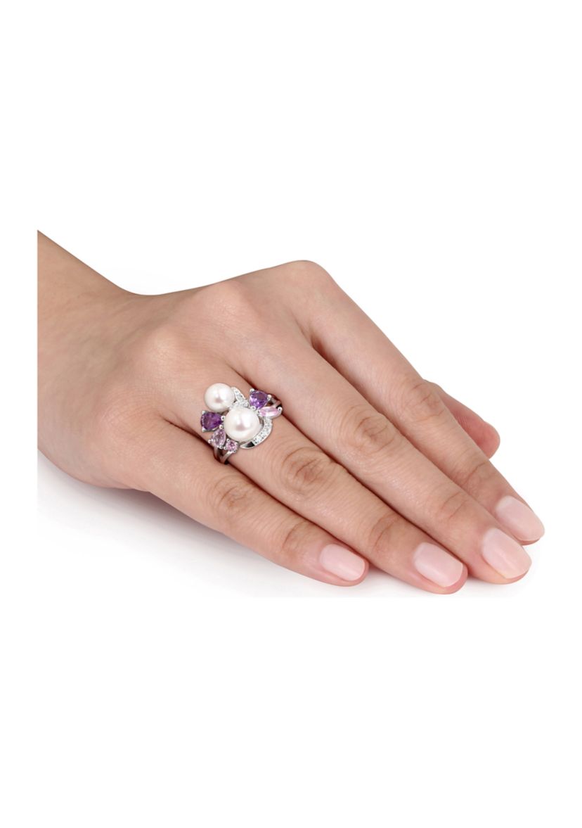 Cultured Freshwater Pearl and 1.38 ct. t.w. Multi-Gemstone Cluster Ring in Sterling Silver