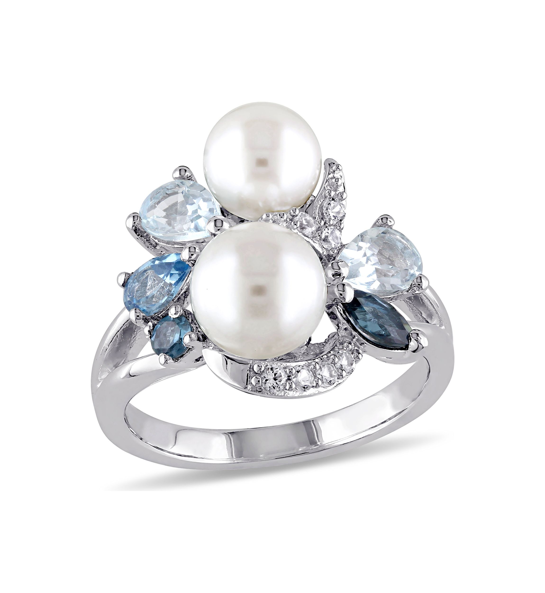 Cultured Freshwater Pearl and 1.75 ct. t.w. Multi-Gemstone Cluster Ring in Sterling Silver