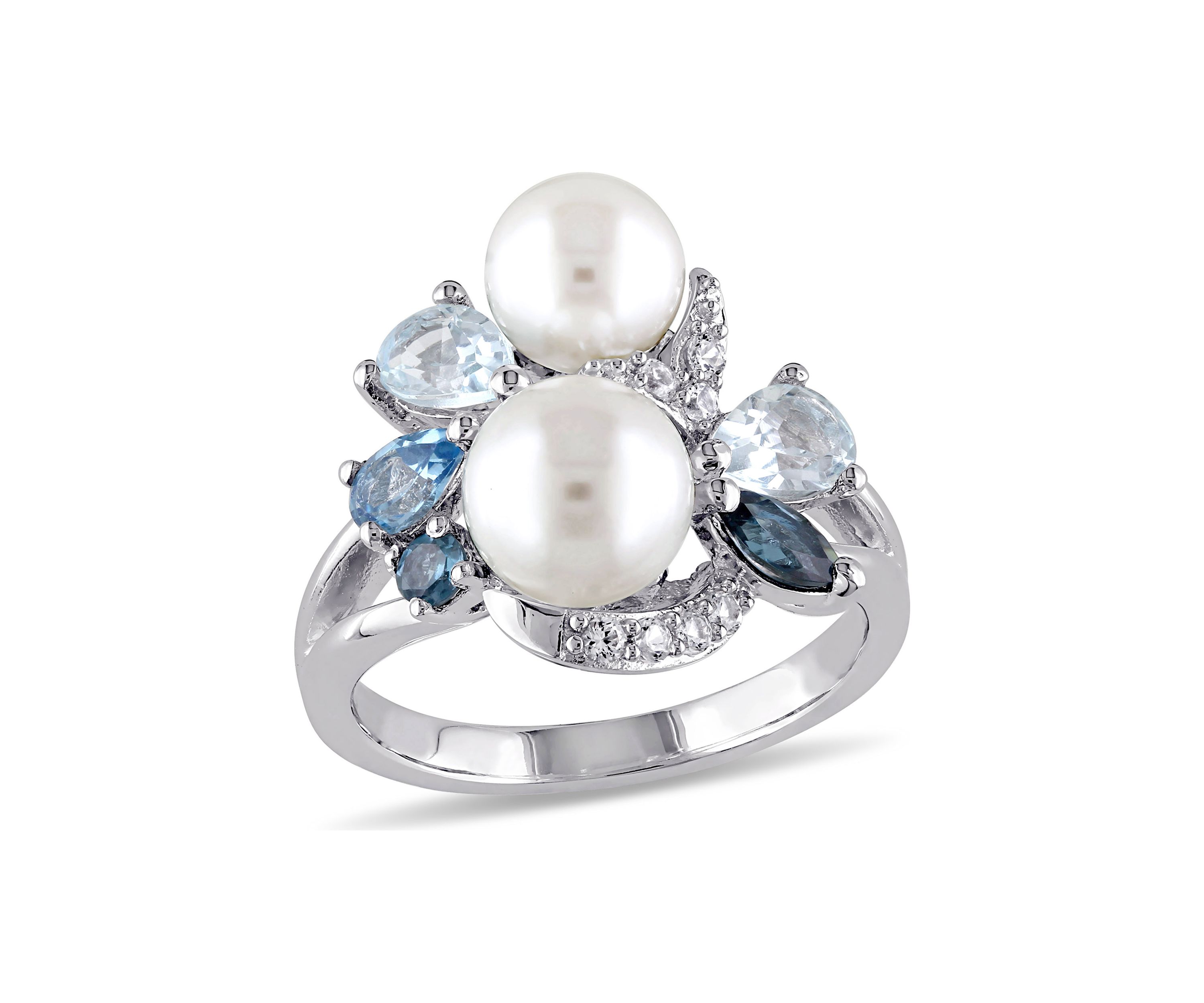 Cultured Freshwater Pearl and 1.75 ct. t.w. Multi-Gemstone Cluster Ring in Sterling Silver