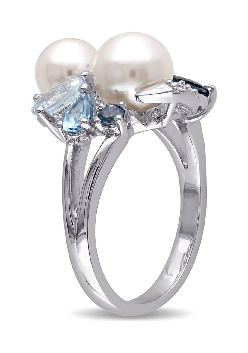 Cultured Freshwater Pearl and 1.75 ct. t.w. Multi-Gemstone Cluster Ring in Sterling Silver